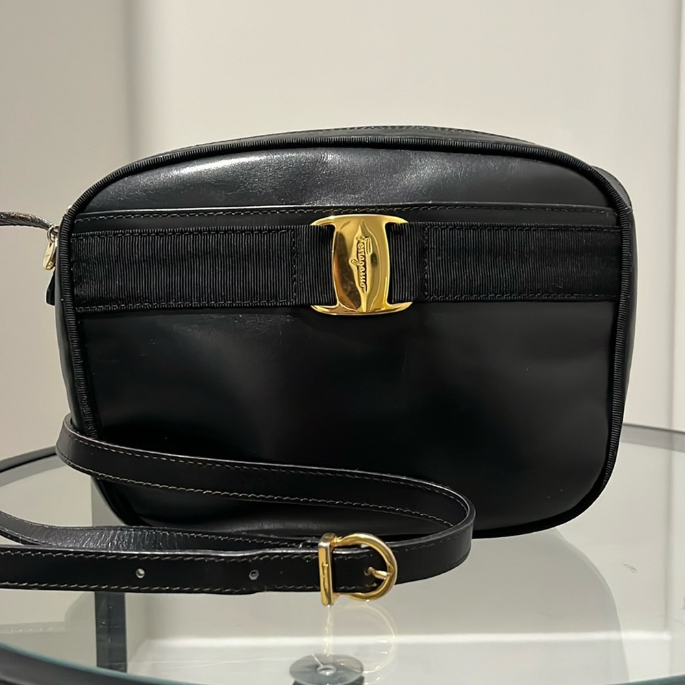 Salvatore Ferragamo Black Leather Vera Crossbody with Gold hardware